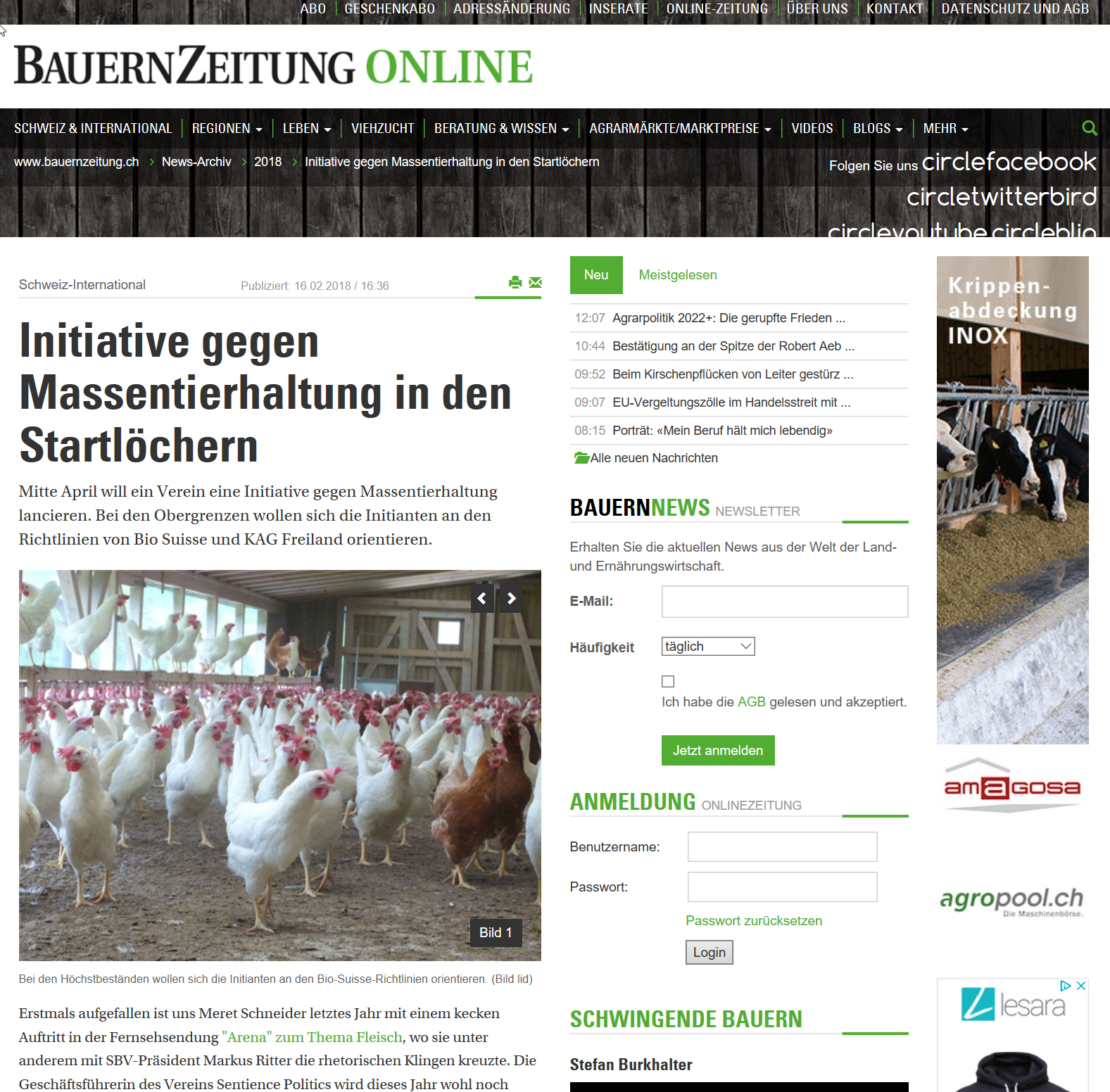 Image Initiative gegen Massentierhaltung in den Startlöcher, Berner Zeitung