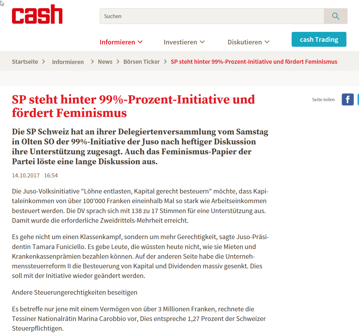 Image SP steht hinter 99-Prozent Initiative und fördert Feminismus cash