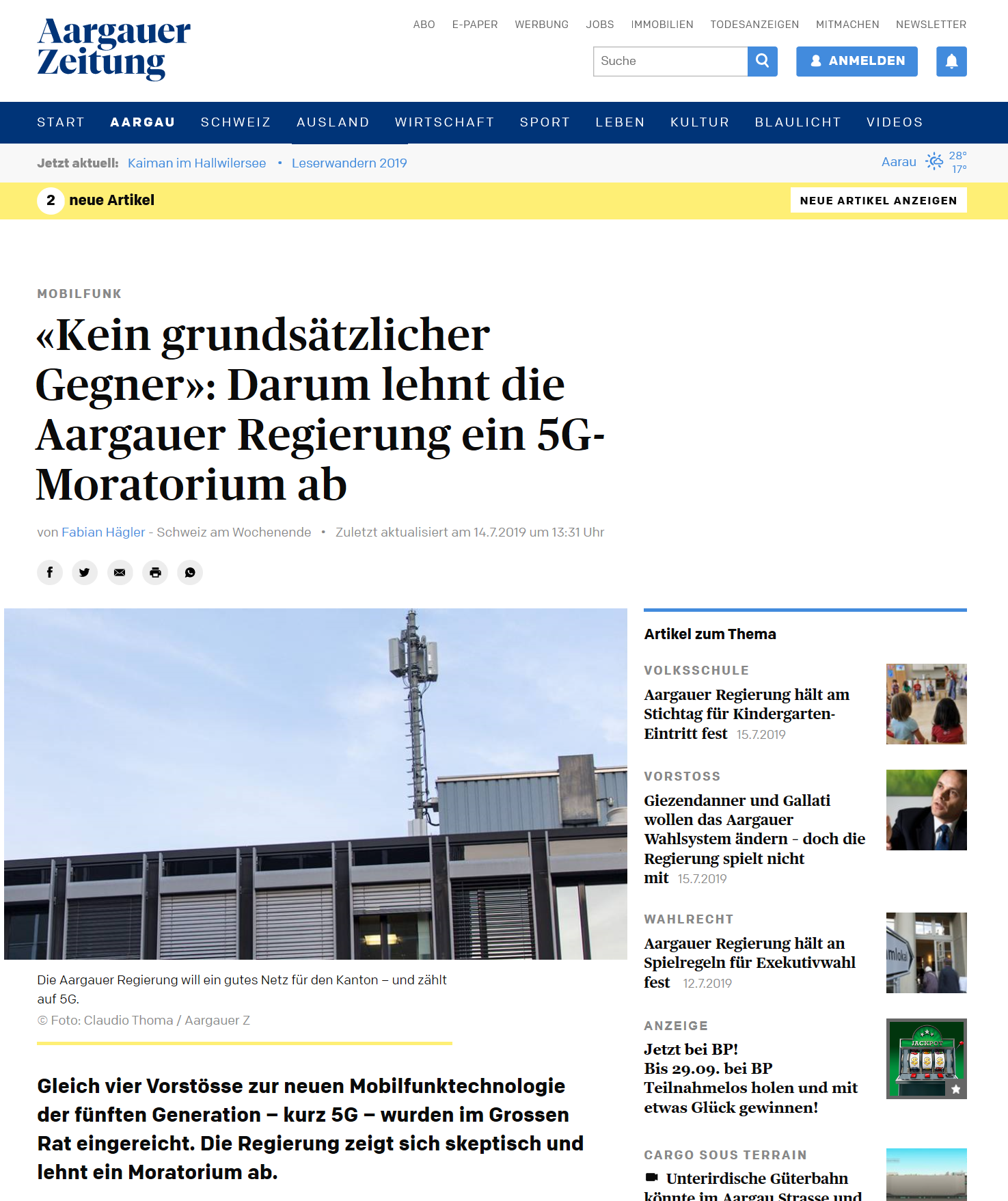 Kein Grunsätzlicher Gegner, darum lehnt die Aargauer Regierung ein 5G Moratorium ab.
