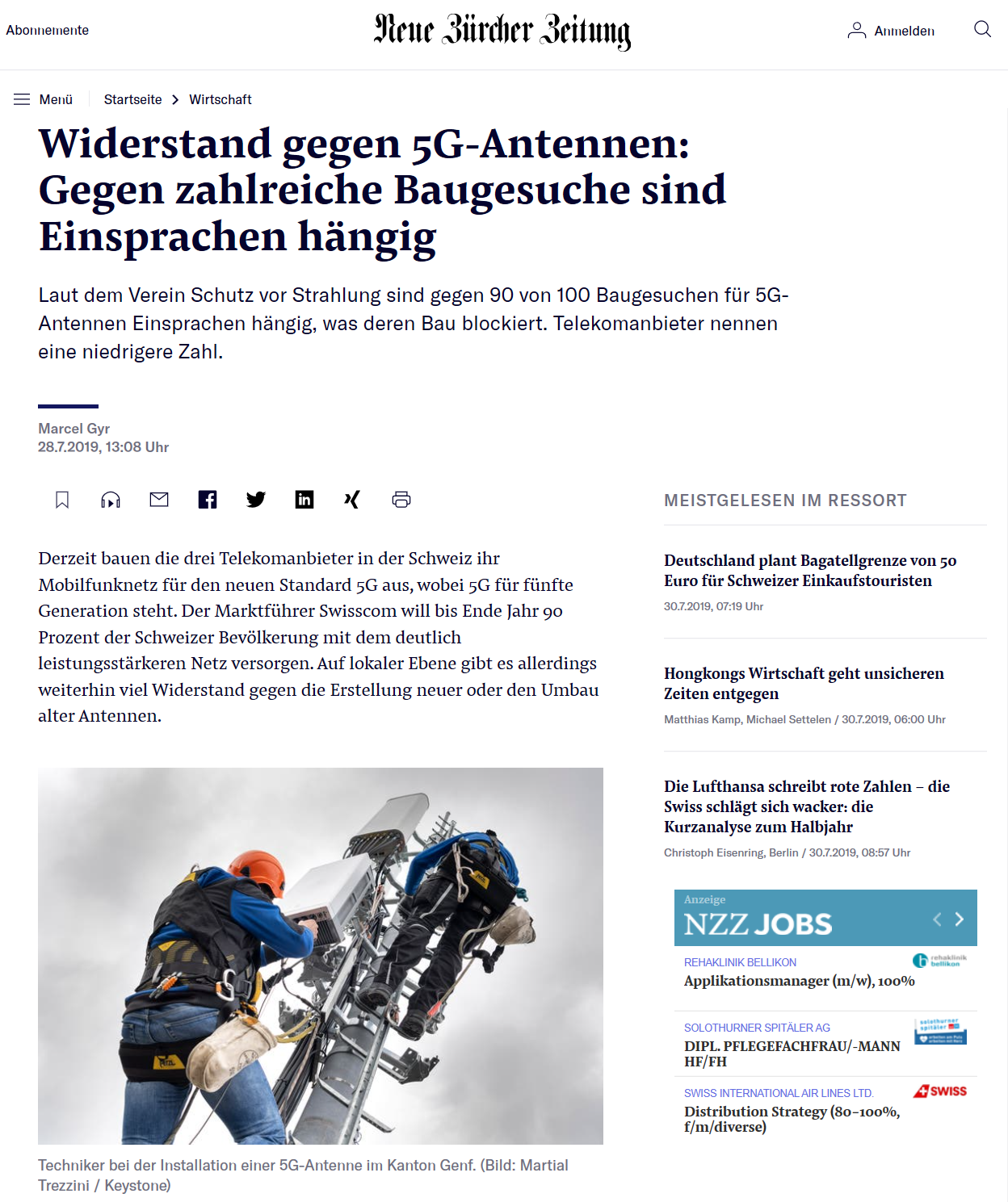 Widerstand gegen Bau von 5G Antennen NZZ